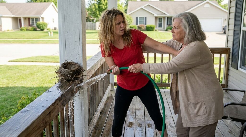 The Woman With the Hose Was Certain She Was Cleaning—Until the Bird’s Nest Began to Fall