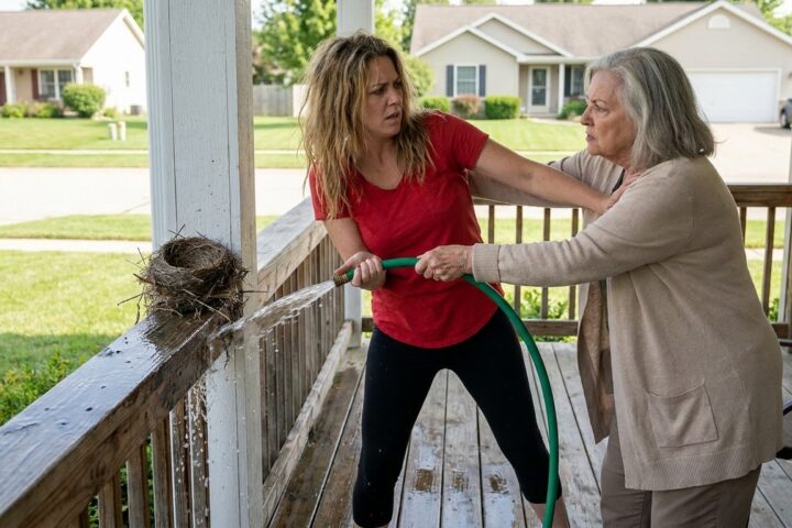 The Woman With the Hose Was Certain She Was Cleaning—Until the Bird’s Nest Began to Fall
